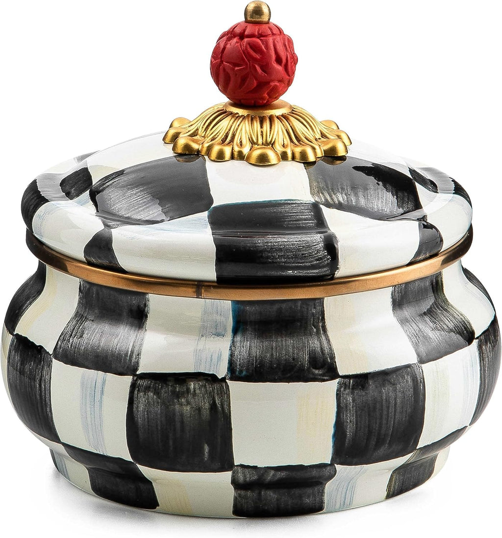 MACKENZIE-CHILDS Enamel Squashed Pot, Cute Enameled Container with Lid, 20 Ounces, Black-and-White Courtly Check