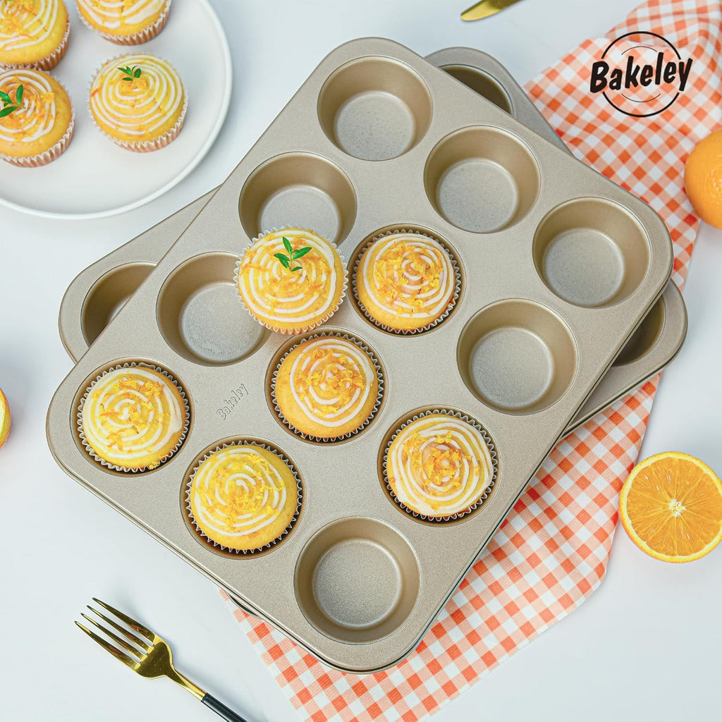 Mini Muffin Pan for Baking, Nonstick 12-Cavity Cupcake Pans, 2 Pack Cup Cake Tray, Bakeware for Oven Baking, Dishwasher Safe(Champagne Gold)