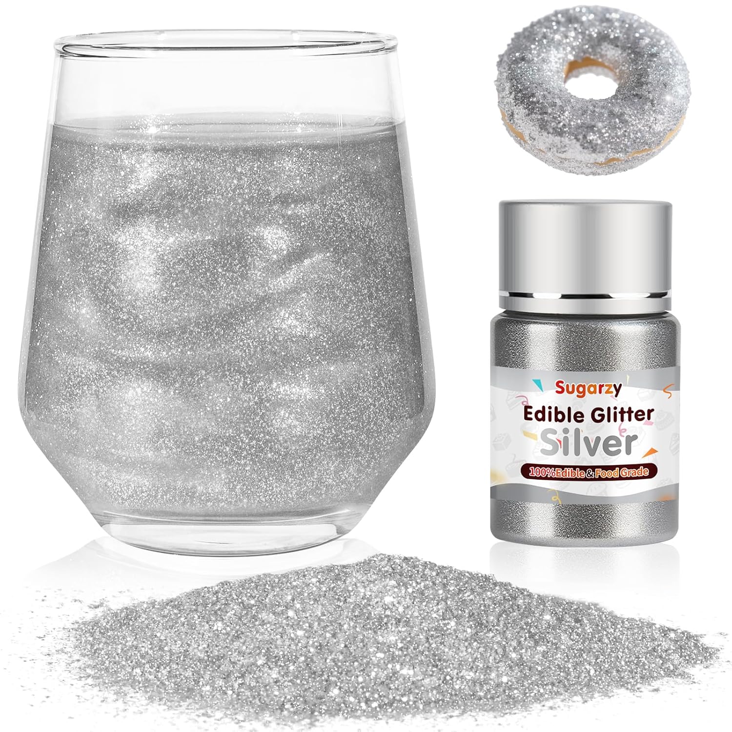 Edible Silver Glitter for Drinks, Food Grade 10g Silver Sprinkles Cake Decorating Supplies, Edible Luster Dust for Cocktail Beverages,Halloween Food Coloring Shimmer Powder for Baking,Cake Cupcakes Cookies Drinks Eggs Candy Strawberries Decorations