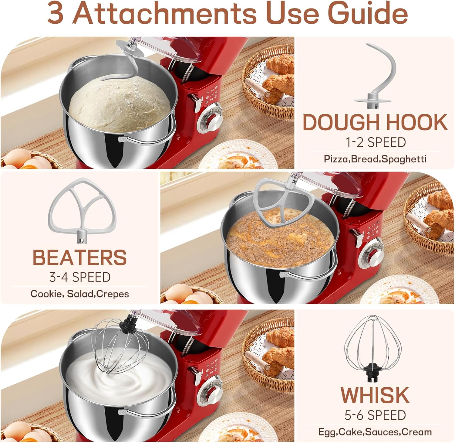 SEEDEEM Stand Mixer, 8.5 Qt 660W Tilt-Head Kitchen Mixer with 6+P Speeds, Dough Hook, Wire Whip & Beater, Dishwasher-Safe Attachments, Red – Ideal for Baking & Daily Use, Red