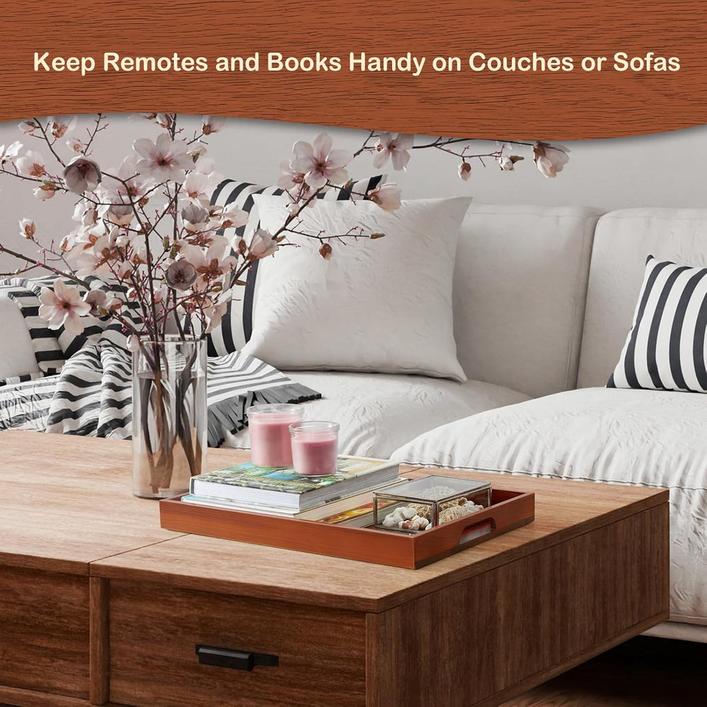 17 Inch Brown Serving Tray with Handles, Large Wooden Tray for Ottoman, Breakfast in Bed, Coffee Table, Dinner, Rectangular Wood Tray for Living Room Bedroom Entryway and Kitchen