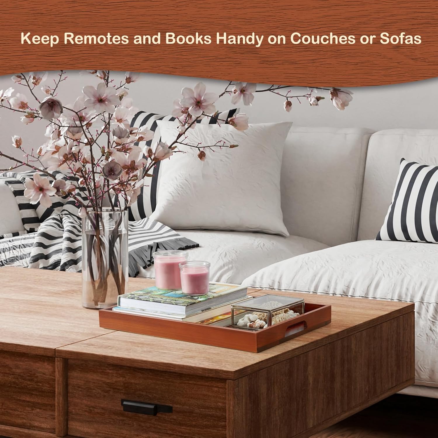 17 Inch Brown Serving Tray with Handles, Large Wooden Tray for Ottoman, Breakfast in Bed, Coffee Table, Dinner, Rectangular Wood Tray for Living Room Bedroom Entryway and Kitchen