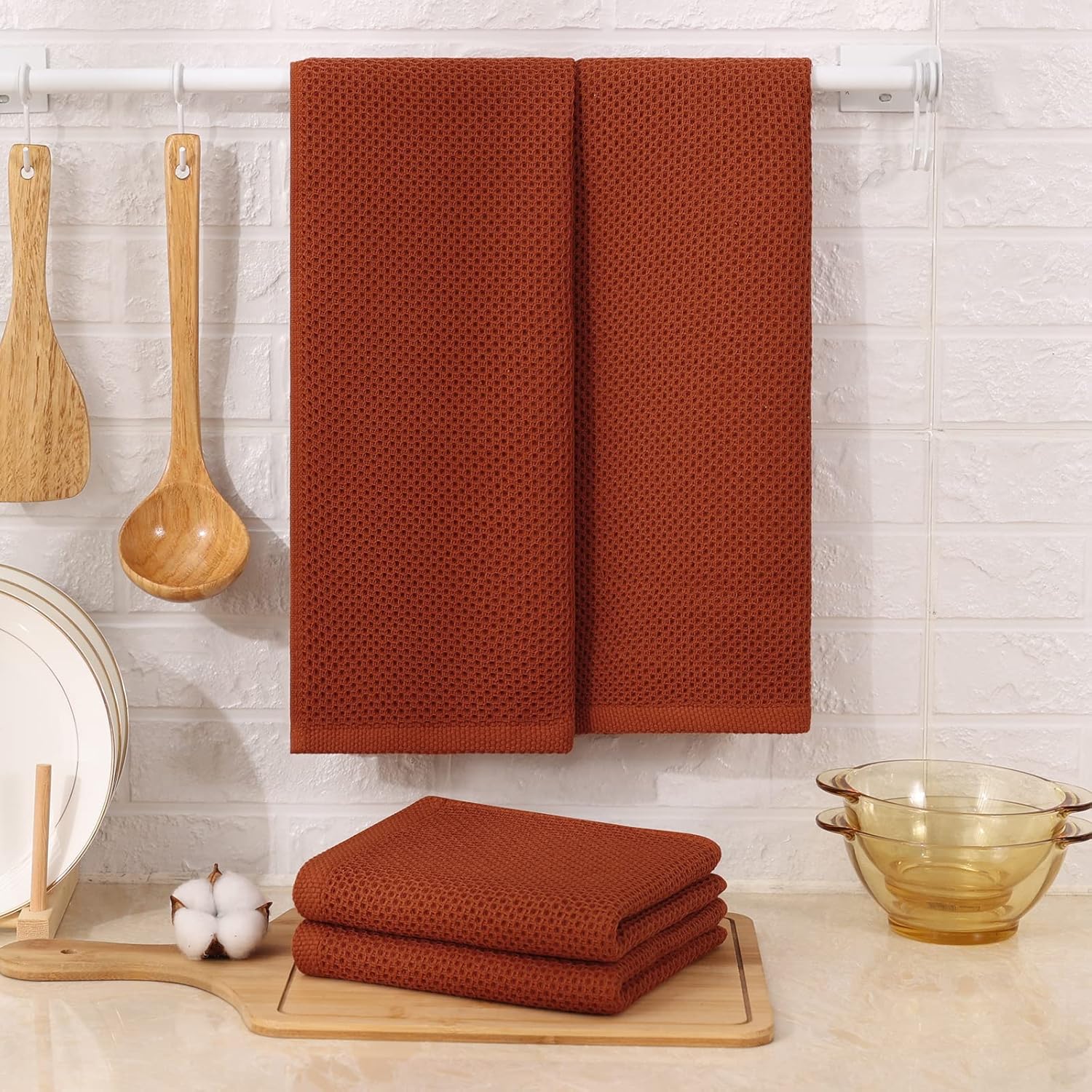 Kitinjoy 100% Cotton Waffle Weave Kitchen Towels, 4-Pack Super Soft and Absorbent Dish Towels for Drying Dishes, Kitchen Hand Towels, 13 in x 28 in, Rust