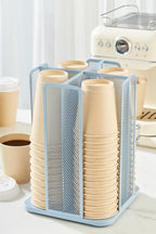 Annova Paper/Plastic Cup and Lid Holder Plastic Storage Organizer, 360°Rotating Coffee Mup Dispenser with 4 Compartments, Multifunctional Storage Rack for Home, Office, Bar, Coffee Shop (New Blue)