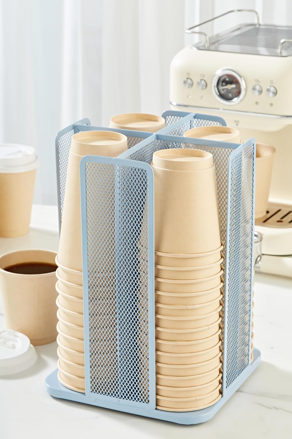 Annova Paper/Plastic Cup and Lid Holder Plastic Storage Organizer, 360°Rotating Coffee Mup Dispenser with 4 Compartments, Multifunctional Storage Rack for Home, Office, Bar, Coffee Shop (New Blue)