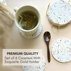 Terrazzo Drink Absorbent Coasters with Holder Set of 6, Ceramic Coaster for Drinks, Coffee Table Decor, Water Absorbing Stone Coaster for Drinks (Confetti)