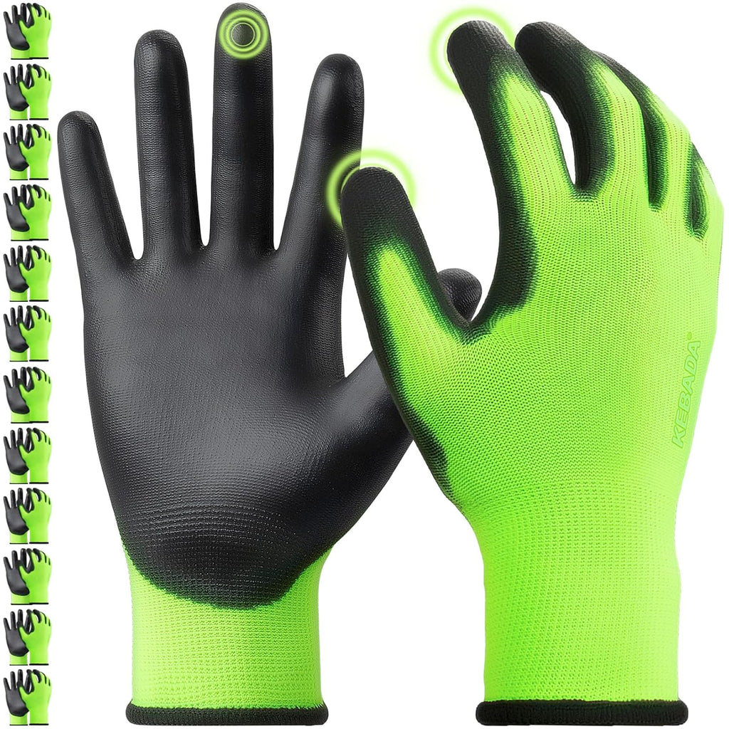 Kebada W1 Work Gloves for Men and Women, PU Coated Safety Gloves with Grip, Touchscreen, Ideal for Warehouse Package Handling, Construction, Gardening, Green Large
