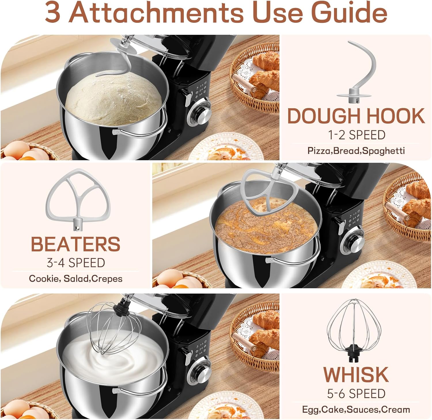 SEEDEEM 8.5 Qt Stand Mixer, 660W 6+P Speeds Electric Stand Mixer, Tilt-Head Kitchen Mixer with Dishwasher-Safe Dough Hook, Wire Whip & Beater for dough mixer Baking Daily Use, Black