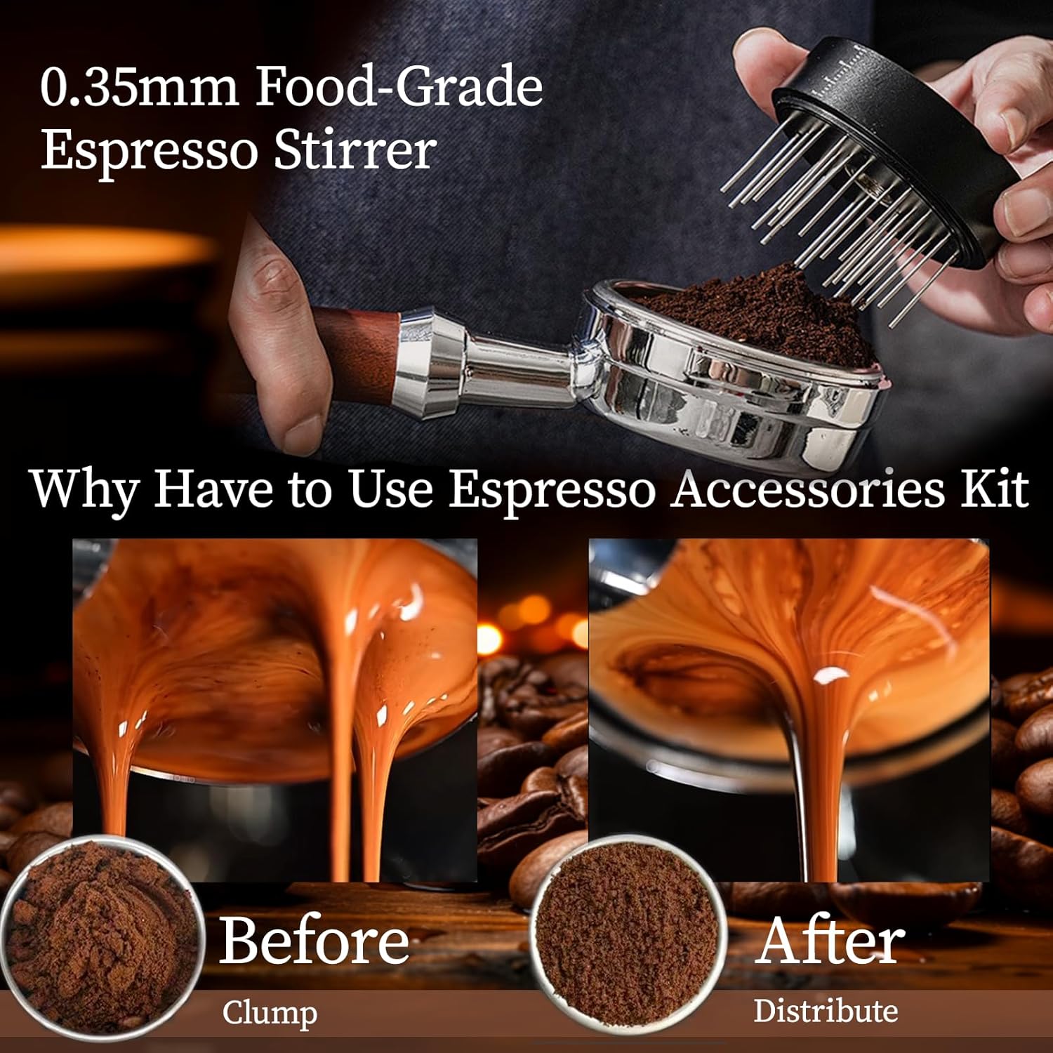 53MM Espresso Accessories - WDT Tool, Coffee Distributor & Tamper set with 3-in-1 Design, 304 Stainless Steel Premium Coffee Accessories for Home Baristas & Beginners