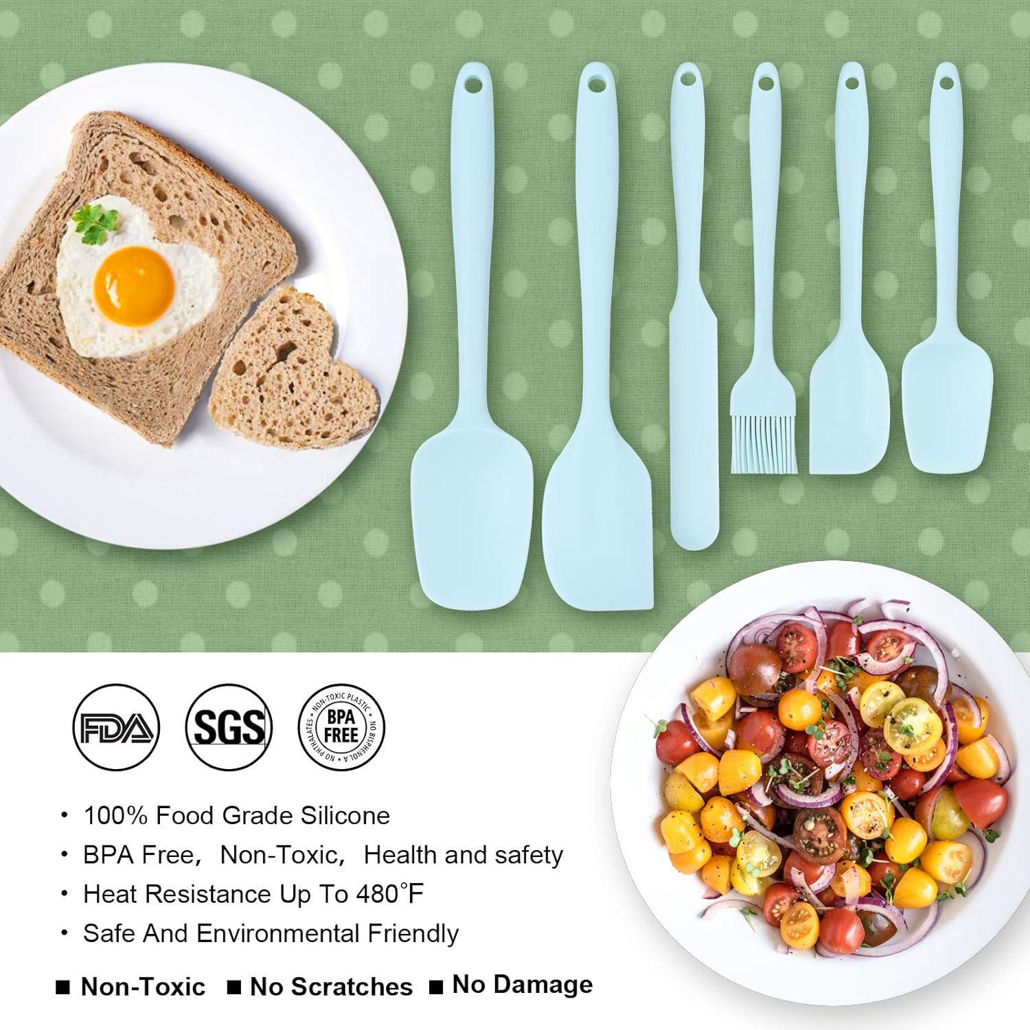 Heat Resistant Silicone Spatulas Set Food Grade Silicone Seamless One Piece Design BPA-Free,Non-Stick,Dishwasher Safe,Cooking and Mixing Set of 6PCS-Blue (Blue)