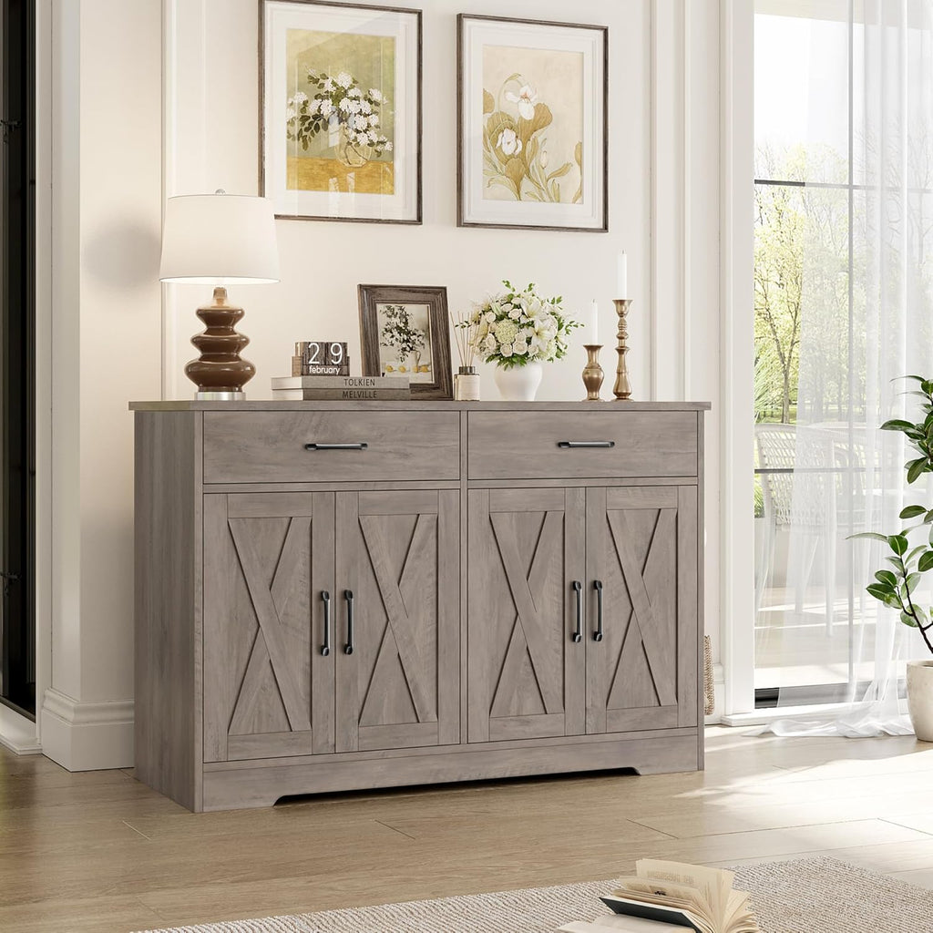 HOSTACK Buffet Cabinet with Storage, 47.2" Kitchen Sideboard Buffet with Drawers, Modern Farmhouse Coffee Bar Station with Shelves, Barn Doors Storage Cabinet for Living Room, Ash Grey