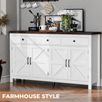 63" Sideboard Buffet Cabinet with Storage, Coffee Bar Cabinet with 3 Drawers and 4 Barn Doors, Long Wider Storage Cabinet Modern Farmhouse, White Wood, for Kitchen, Dining Room, Living Room