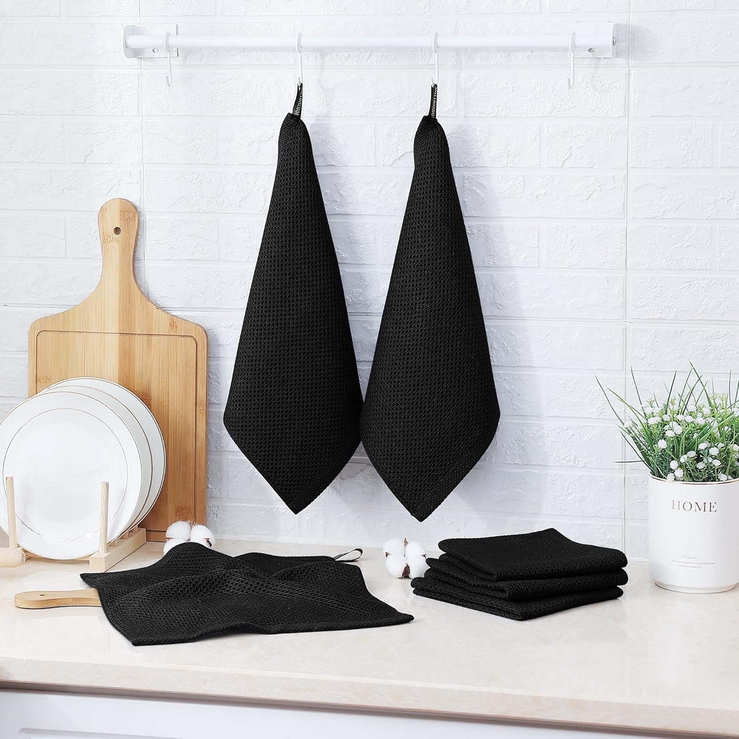 Kitinjoy 100% Cotton Kitchen Dish Cloths, 12 Pack Waffle Weave Ultra Soft Absorbent Dish Towels for Drying Dishes Quick Drying Kitchen Towels Dish Rags, 12 X 12Inch, Black