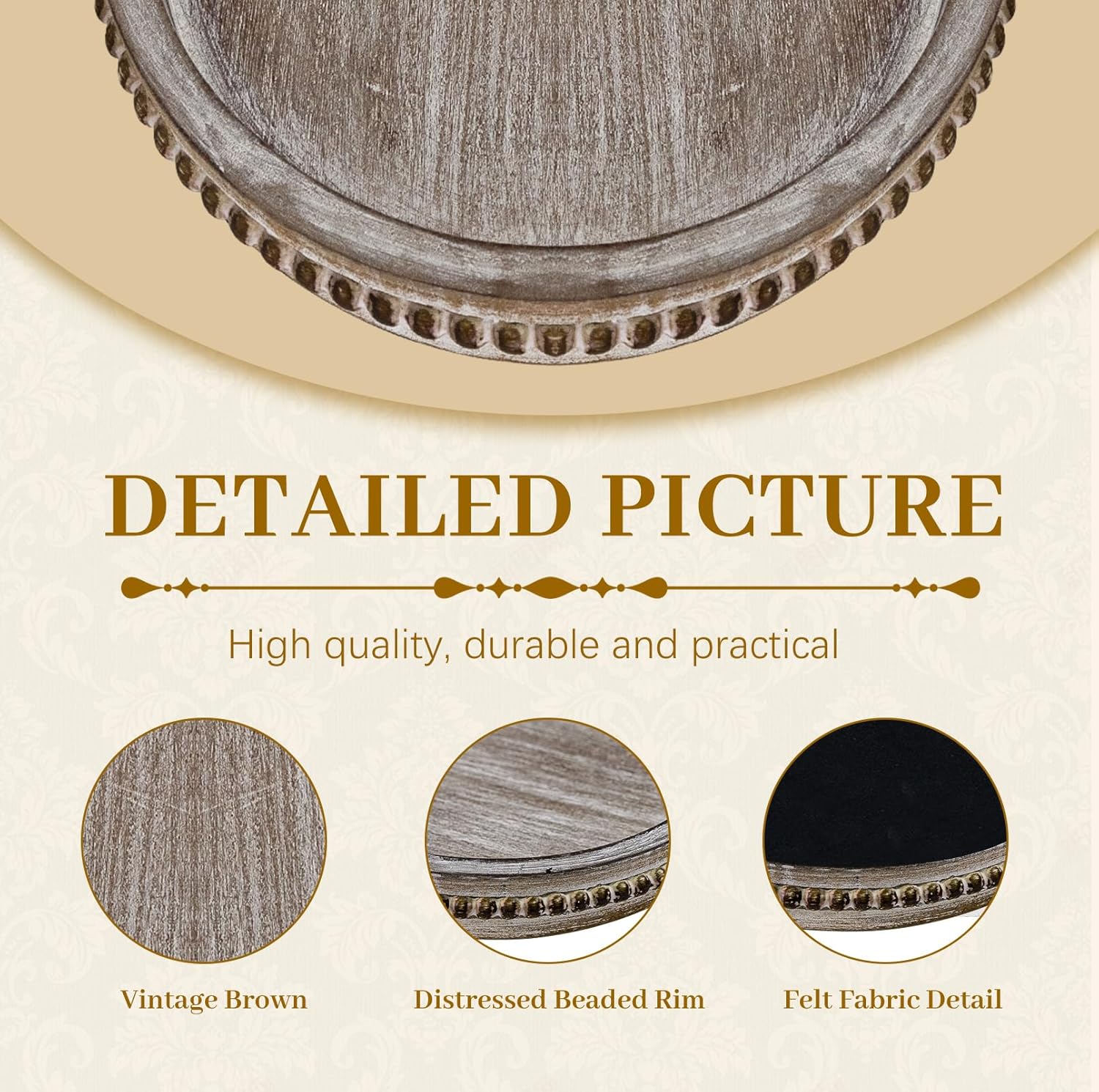 MAONAME Wood Serving Tray, Farmhouse Wooden Tray for Coffee Table, Oval Beaded Trays, Vintage Brown Decorative Trays for Living Room, Kitchen, 15" X 9" X 1.2"