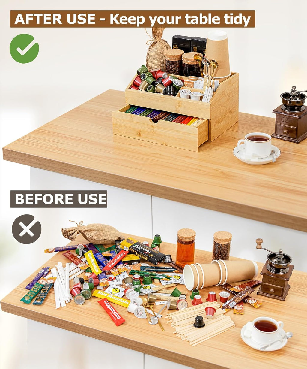 Coffee Bar Organizer Countertop with Drawer, Cafe Station Storage for Bar Accessories,Bamboo Espresso Bar Decor Holder for Bar Decor,Bamboo
