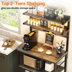 Aheaplus Bakers Rack with Power Outlet, Microwave Stand, 5 Tiers Coffee Bar Station with Led Lights, Kitchen Storage Shelf with 6 S-Shaped Hooks, Kitchen Rack for Spices, Pots and Pans, White Oak