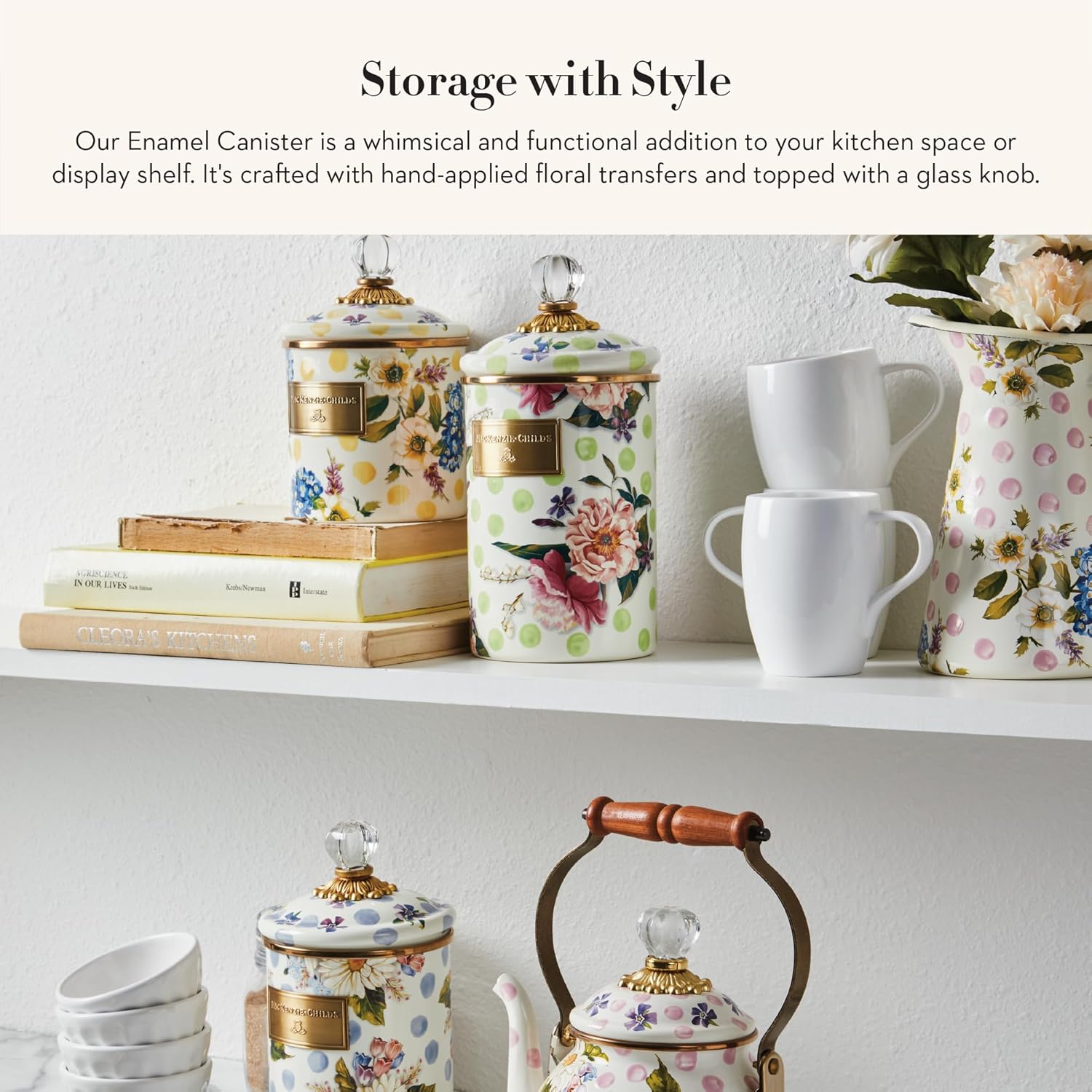 MACKENZIE-CHILDS Wildflowers Enamel Canister, Floral Kitchen Storage Container with Lid, Small