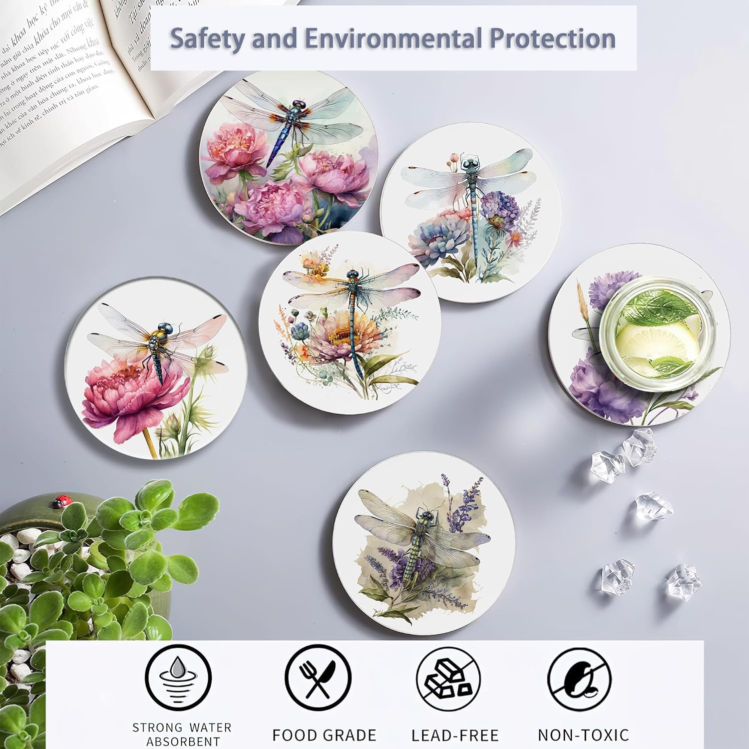 Coaster for Drinks Set of 6, Dragonfly Flower Absorbing Round Ceramic Stone Coaster with Cork Base,Tabletop Protection Mat for Mugs and Cups,Coffee Table Wine Glass Home Bar 4 Inch
