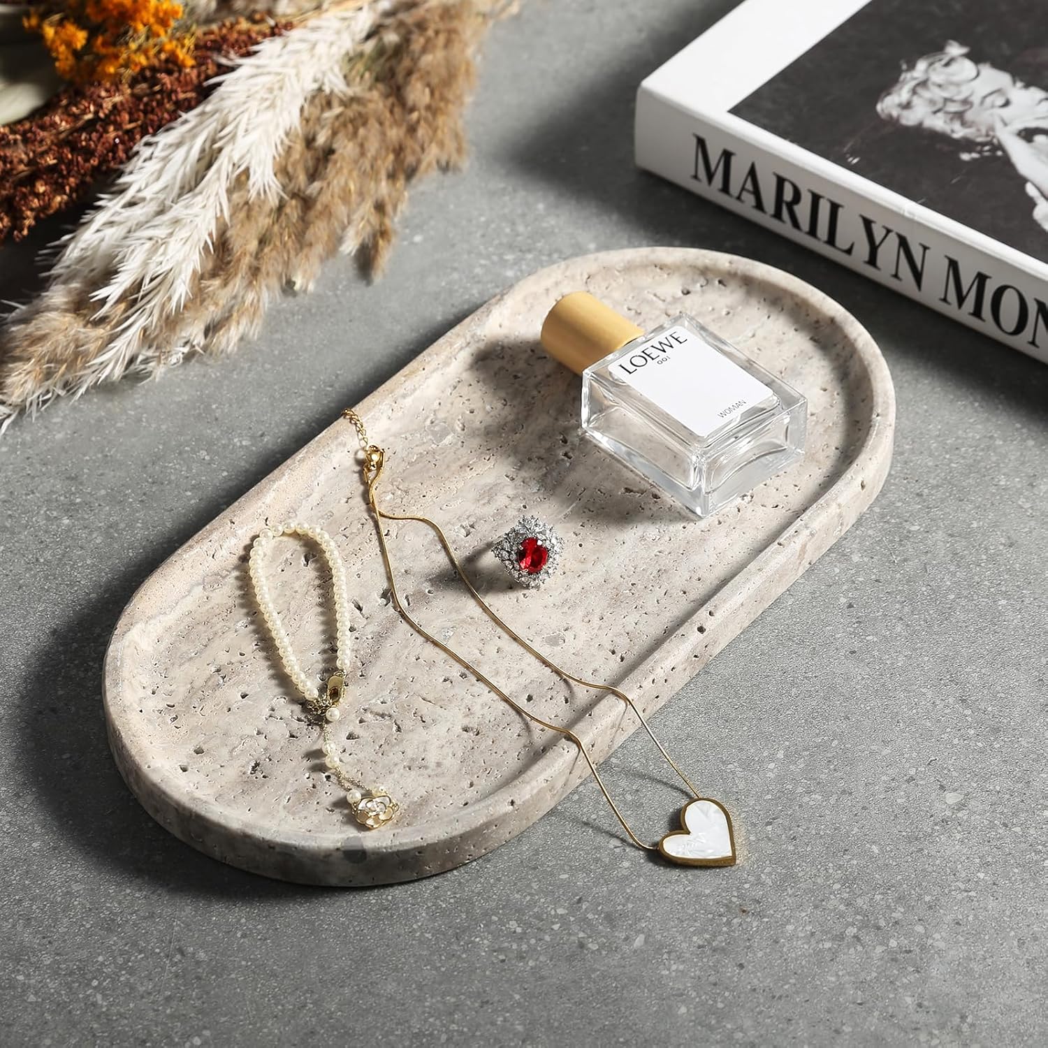 Koville Natural Travertine Tray for Bathroom Countertop, 12"x6" Vanity Decorative Marble Tray for Perfume, Candles, Jewelry, Stone Catchall Trays Jewelry Dish, Silver Stone Trays for Kitchen Counter