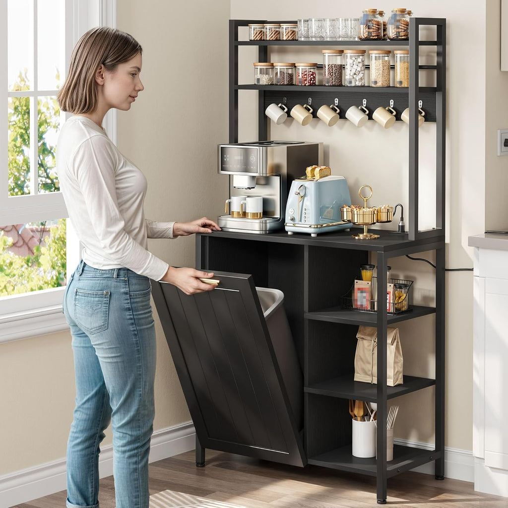 YITAHOME Bakers Rack with Storage Microwave Stand with Trash Can Bin Cabinet and Power Outlet 6-Tiers Coffee Stand Large Microwave Table for Kitchen Dining Room Living Room Black