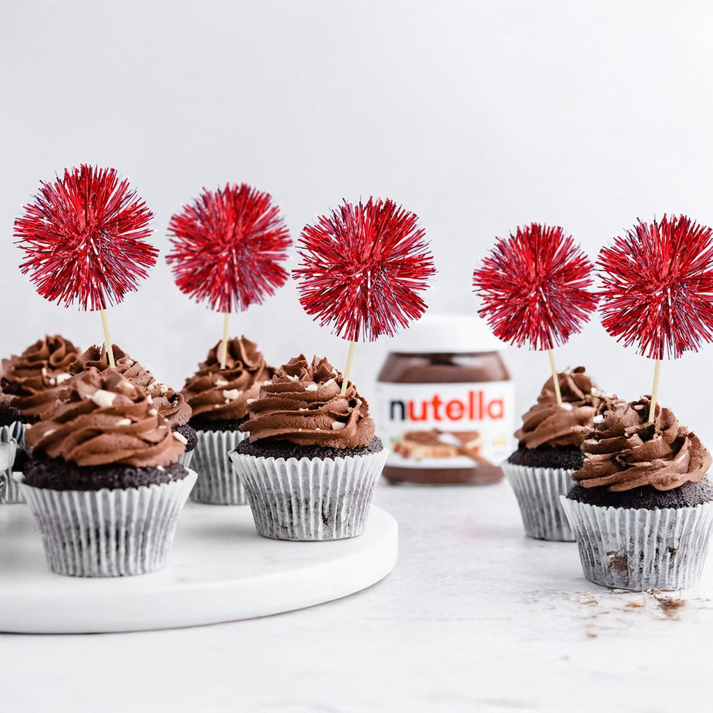 Ephlyn 30Pcs Foil Firework Cupcake Toppers Sparkle Tinsel Cupcake Picks Happy Birthday Cake Toppers Drink Stirrers Cocktail Food Fruit Toothpicks for Baby Shower Birthday Party Supplies Red