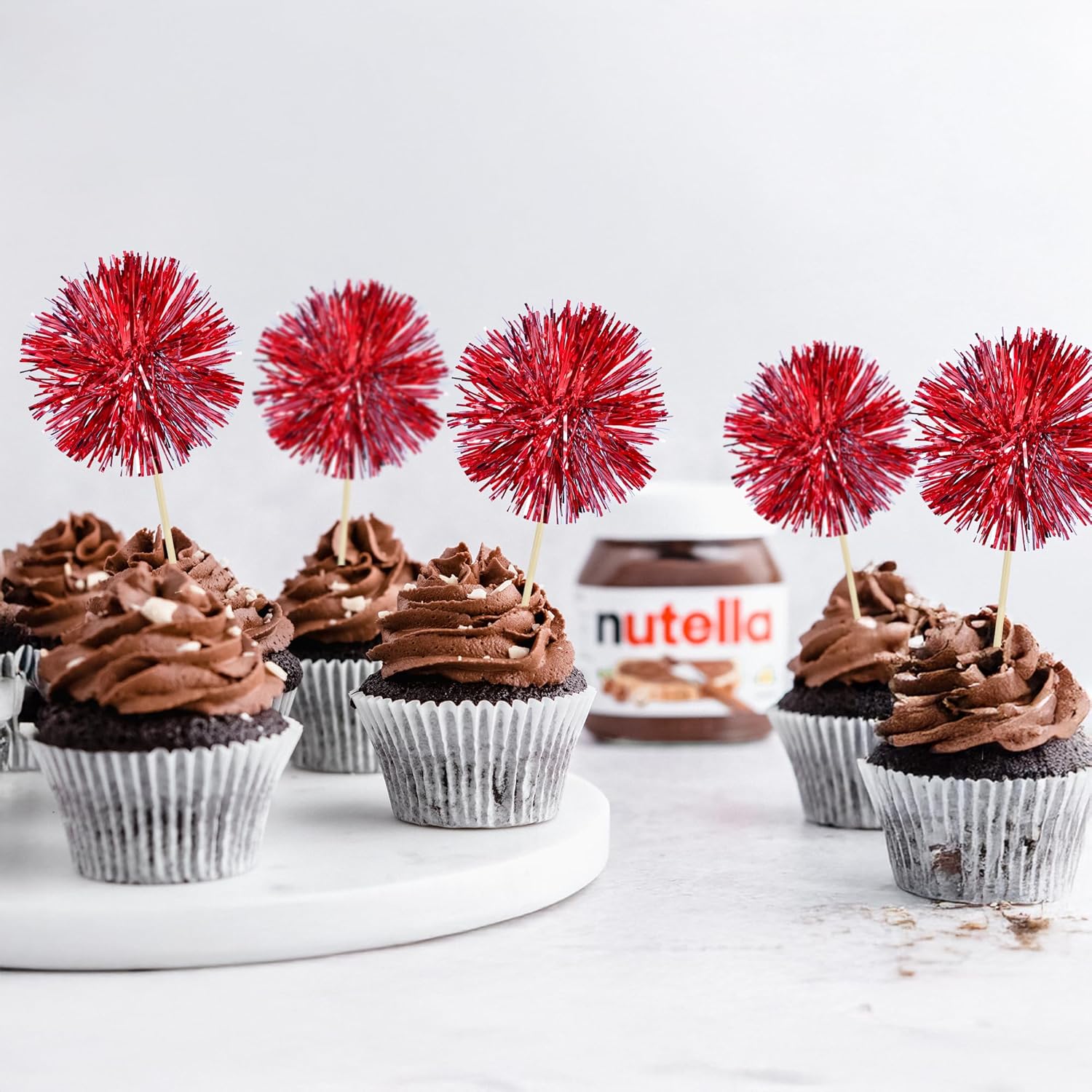 Ephlyn 30Pcs Foil Firework Cupcake Toppers Sparkle Tinsel Cupcake Picks Happy Birthday Cake Toppers Drink Stirrers Cocktail Food Fruit Toothpicks for Baby Shower Birthday Party Supplies Red