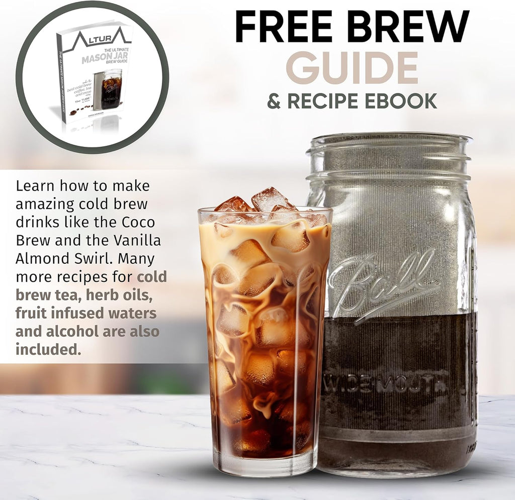 Altura The TUBE Cold Brew Coffee Maker and Tea Infuser for Wide Mouth Mason Jars - Stainless Steel Cold Brew Filter Strainer for Iced Coffee, Fruit Water & More - (32oz/1qt)