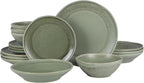 Gibson Elite Island Cove 16 Piece (Service for 4) Plates and Bowls Reactive Glaze Organic Round Dishes Stoneware Ceramic Dinnerware Set -Green
