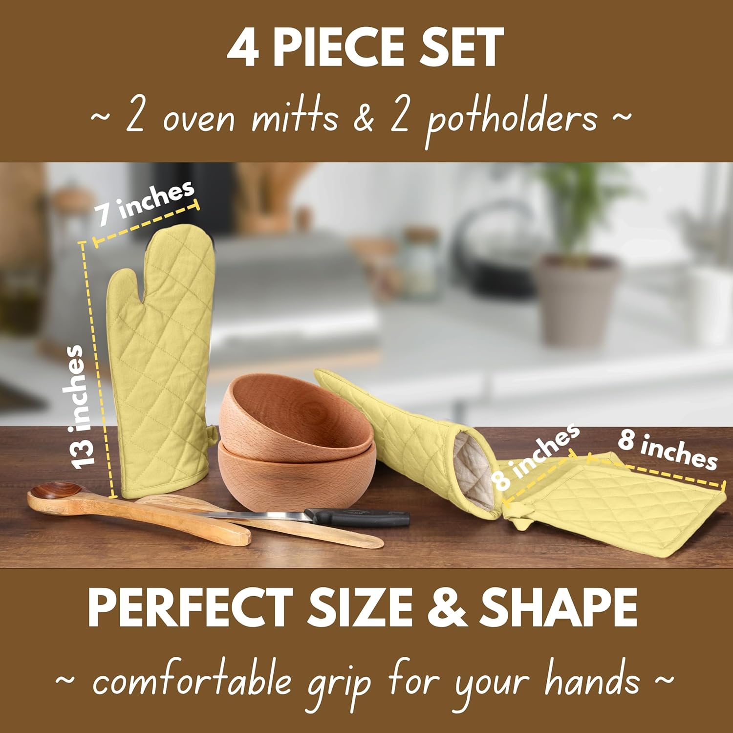 Native Fab 4 Piece Set - 2 Oven Mitts & 2 Potholders, Heat Resistant, 100% Cotton, Quilted Design, Non-Slip Grip, Machine Washable, Ideal for Baking, Cooking, BBQ, Kitchen Protection - Pale Yellow