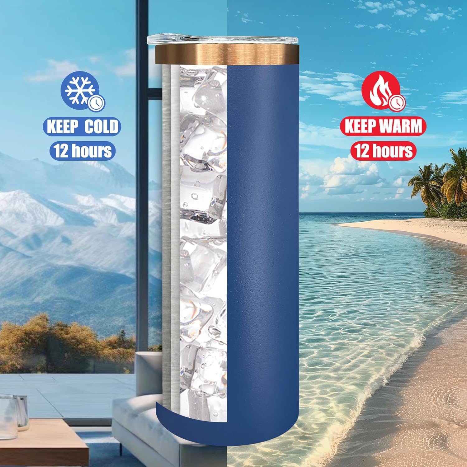 20 oz Skinny Tumblers Bulk 8 Pack, Stainless Steel Insulated Tumbler with Lids and Straws, Slim Double Wall Powder Coated Travel Coffee Mugs Reusable Cup for Hot Cold Drinks (Navy,8 pack)