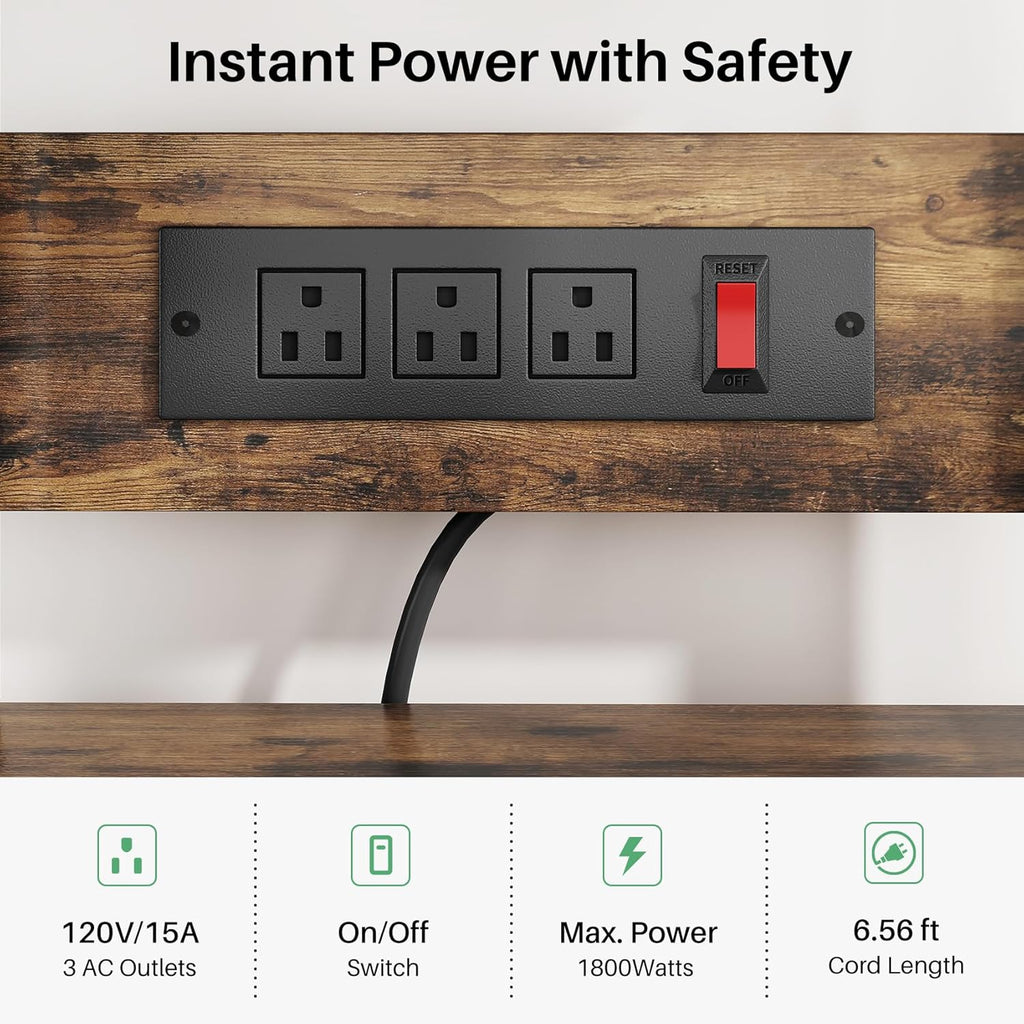 Baker Rack with Power Outlet - Microwave Stand with Storage, Large Coffee Bar Station with 14 Hooks, Metal Kitchen Shelf Rack for Spices, Pots (Rustic Brown)