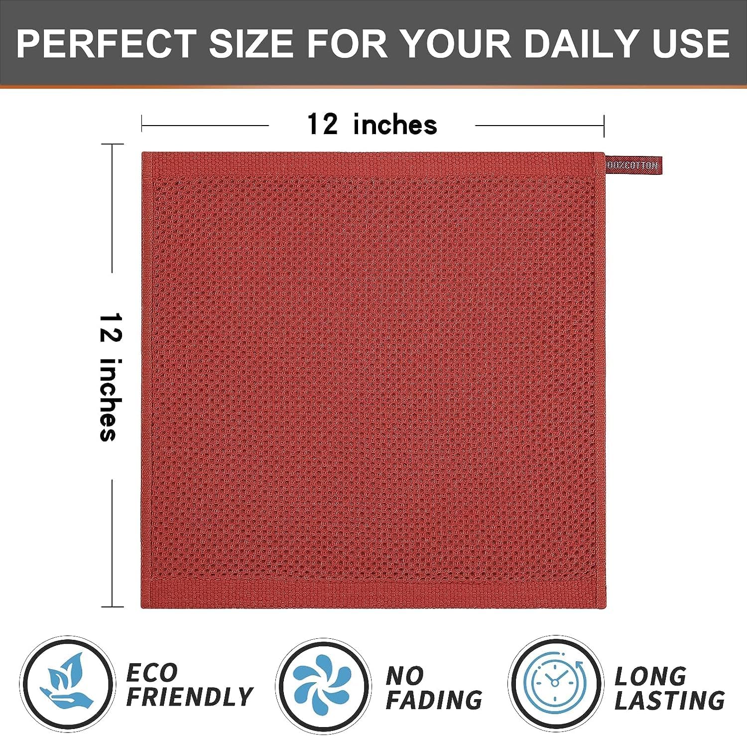 Kitinjoy 100% Cotton Kitchen Dish Cloths, 8 Pack Waffle Weave Ultra Soft Absorbent Dish Towels for Drying Dishes Quick Drying Kitchen Towels Dish Rags, 12 X 12 Inches, Brick Red