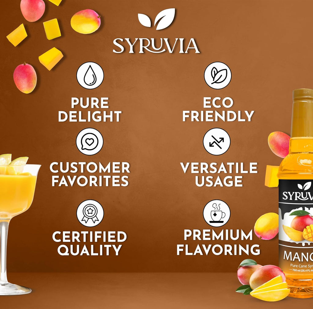 Syruvia Mango Syrup - Premium Flavoring Syrup for Tea, Italian Sodas, Beverages, Desserts, Ice Cream, Cocktails & Mocktails - Kosher, Gluten Free - 25.4 fl oz.