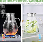 SUSTEAS 2.2 Liter 75oz Glass Pitcher, Water Pitcher with Lid And Wide Handle, Easy Clean Juice Jug for Fridge, Beverage Carafe for Cold/Hot Water, Iced Tea, 1 Long-Handled Brush Included
