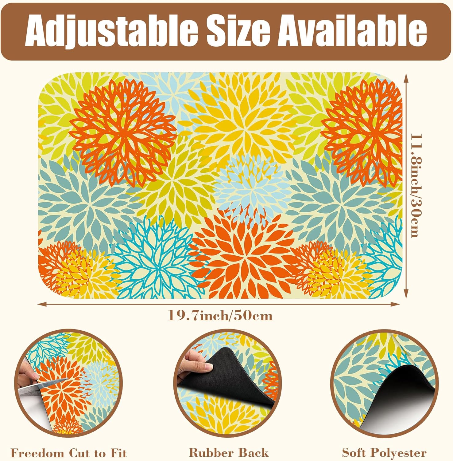 Orange and Blue Chrysanthemum Flower Coffee Mat Absorbent Dish Drying Mat Hide Stain Rubber Backed Coffee Bar Accessories Fit Under Espresso Machine Cafe Table 11.8 x 19.7 Inch