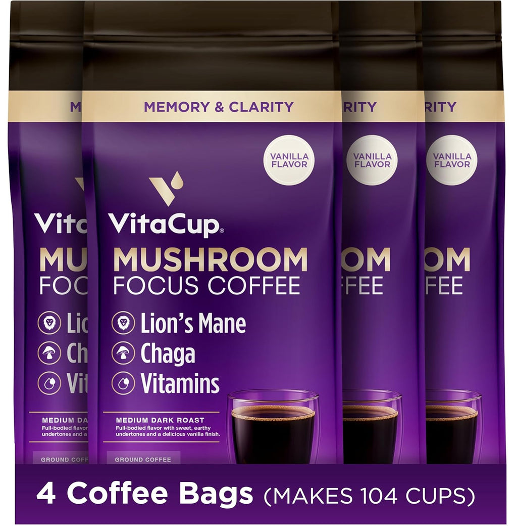 VitaCup Focus Mushroom Coffee Grounds, Vanilla Flavored Coffee with Lions Mane, Chaga, B Vitamins, D3, Boost Focus, Immunity, Memory & Clarity, Medium Dark Roast, 100% Arabica Specialty, 4 bags, 10oz each