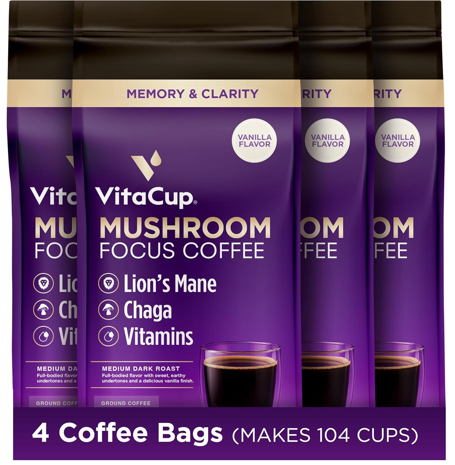VitaCup Focus Mushroom Coffee Grounds, Vanilla Flavored Coffee with Lions Mane, Chaga, B Vitamins, D3, Boost Focus, Immunity, Memory & Clarity, Medium Dark Roast, 100% Arabica Specialty, 4 bags, 10oz each
