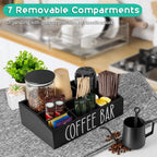 ALELION Coffee Station Organizer for Countertop - 7 Compartments Coffee Bar Accessories and Organizer with Removable Dividers - Black Coffee and Tea Condiment Organizer