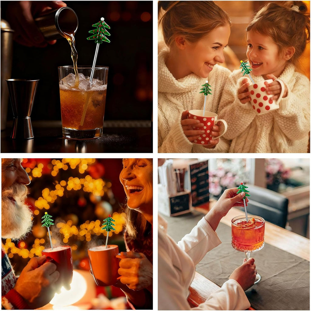 4Pcs Christmas Cocktail Stirrers Stainless Steel Creative Xmas Tree Coffee Stirrers Reusable Beverage Stir Sticks for Holiday Drinks Mixing Christmas Party Tableware Decorations