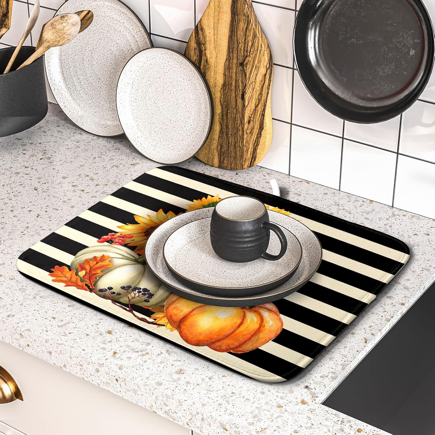 Sunflower Pumpkin Dish Drying Mat for Kitchen Counter,Black and White Stripe Drying Mat 16 x 18 Inch with Absorbent Reversible Microfiber Dish Drying Pad Dish Rack Drainer Mat for Coffee Bar