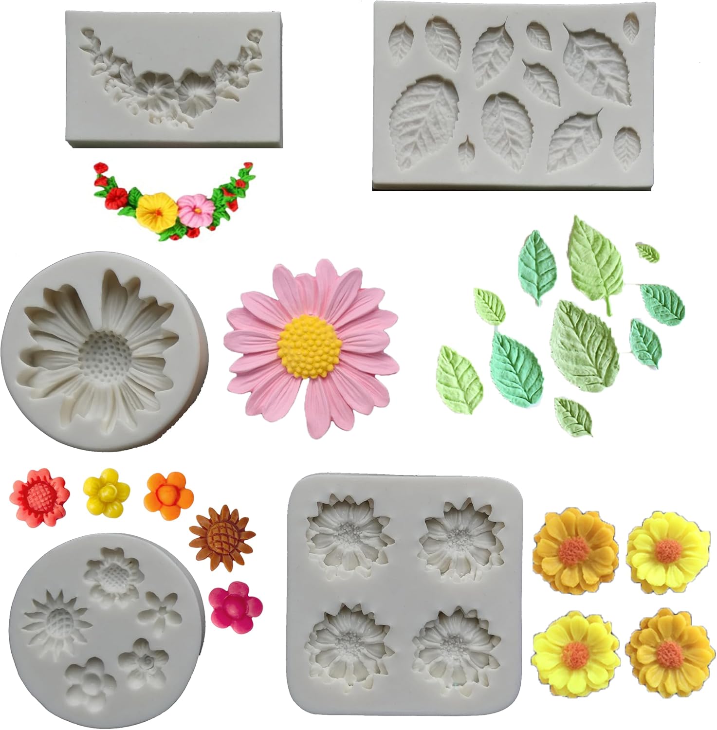 Small Lovely items Silicone Fondant Molds Set For Cake Topper, Gumpaste, Candy & Chocolate, Polymer Clay and More (Flowers & Leaves)