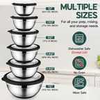 Mixing Bowls with Lids Set of 6 for Kitchen, Stainless Steel Metal Nesting Bowls with Non-Slip Bottom Black - Size 1, 1.5, 2, 2.6, 3.5, 7QT