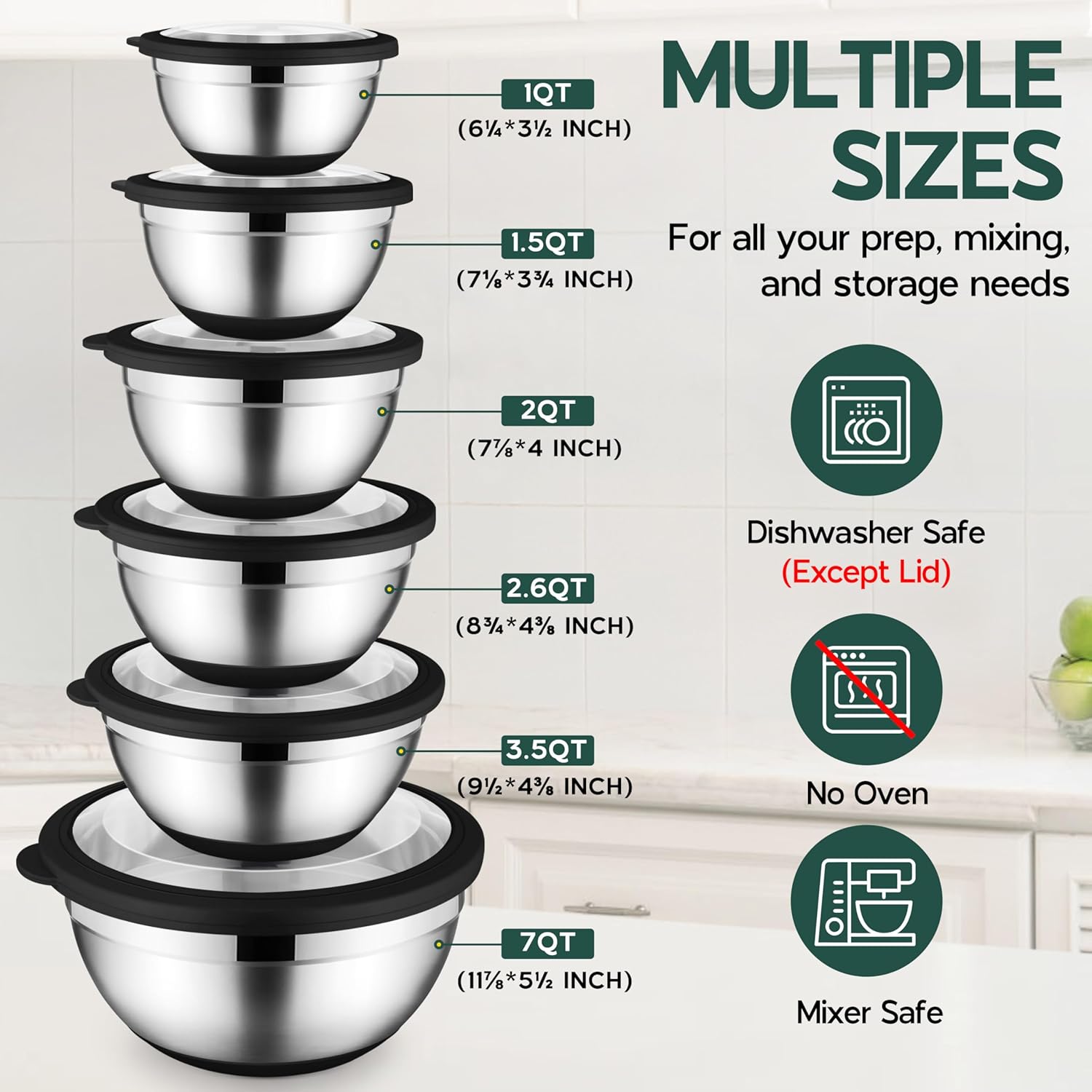 Mixing Bowls with Lids Set of 6 for Kitchen, Stainless Steel Metal Nesting Bowls with Non-Slip Bottom Black - Size 1, 1.5, 2, 2.6, 3.5, 7QT