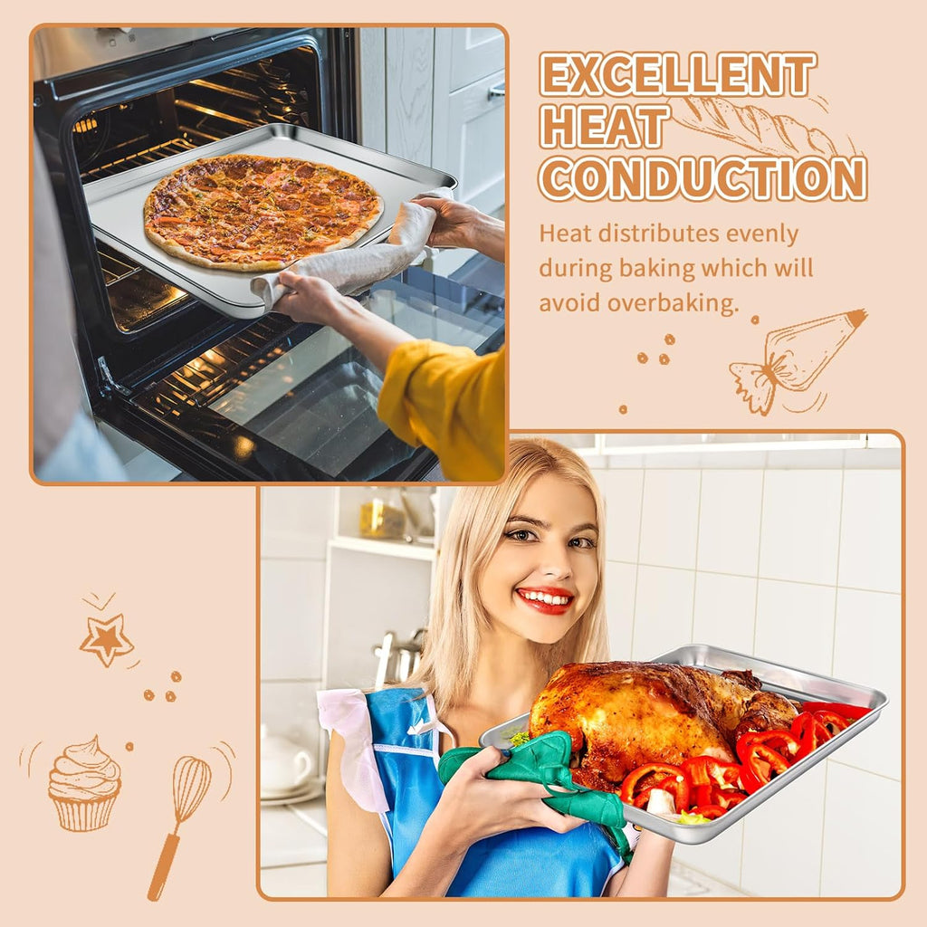 Stainless Steel Baking Sheet Set of 2, Deedro Cookie Sheet Metal Baking Pan Oven Tray, Non Toxic & Heavy Duty, Rust Free & Mirror Finish, Easy Clean & Dishwasher Safe, 17.3 x 12.3 x 1 Inch