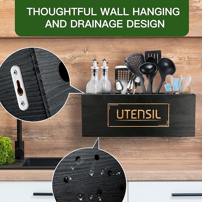 Utensil Holder Extra Large Utensil Organizer with 4 Compartments, Wooden Rustic Utensil Crocks for Kitchen Counter, Farmhouse Cooking Utensil Caddy Countertop Spatula Silverware Spoon Holder - Black