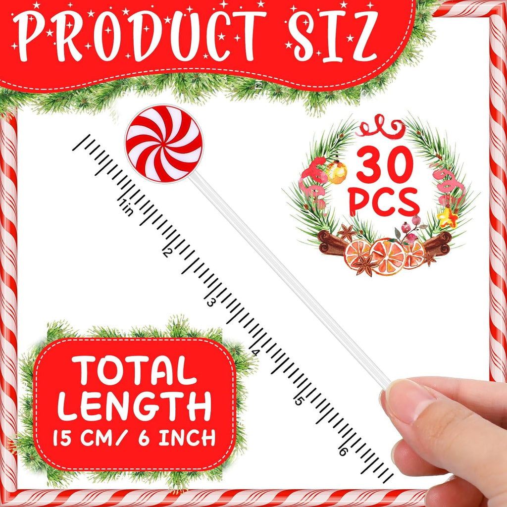 30 Pcs Christmas Drink Stirrers Xmas Stir Stick Holiday Coffee Swizzle Stick Reusable Plastic Hot Cocoa Bar Chocolate Decoration Cocktail Mixer(Lollipop,Charming Color)