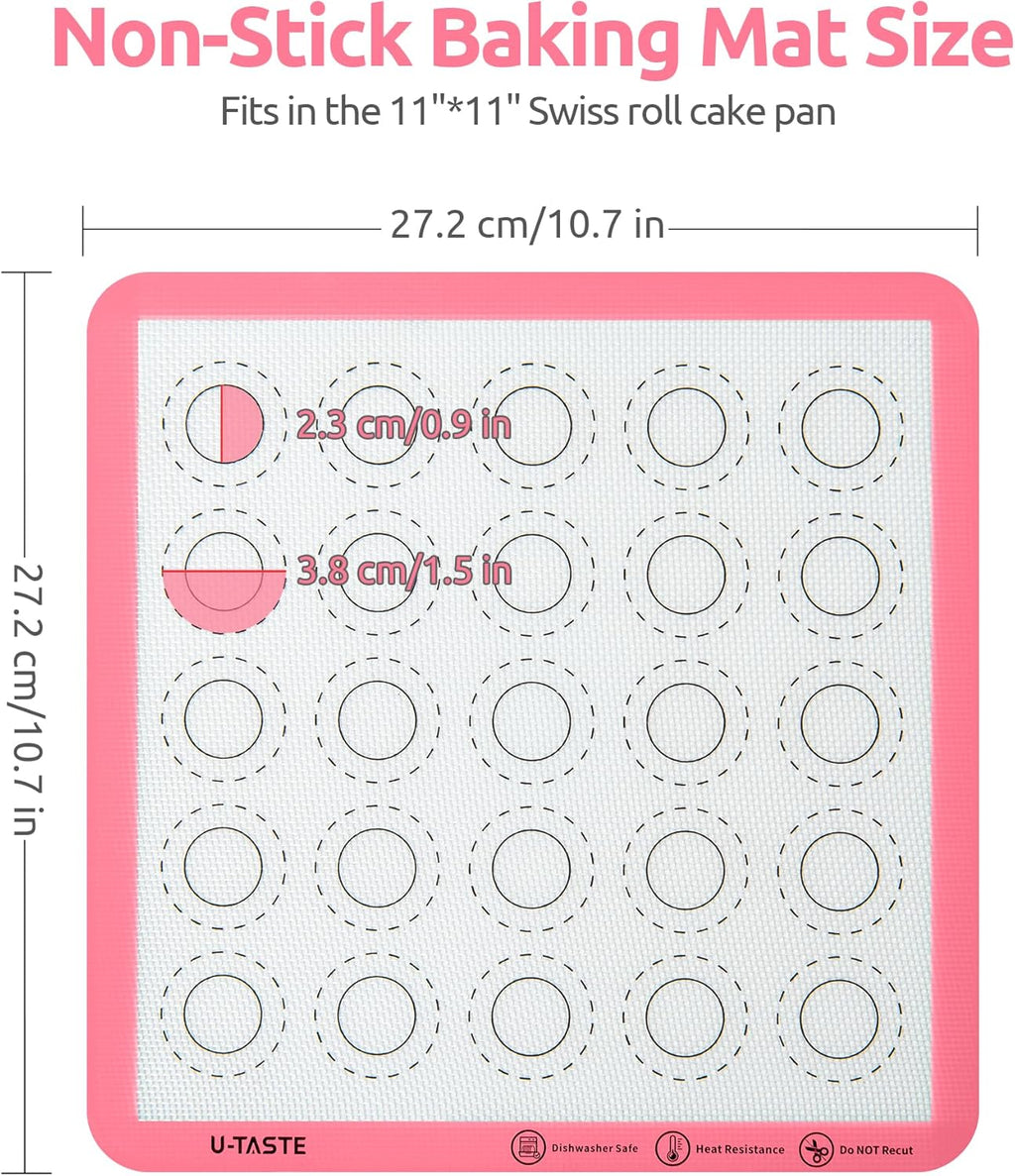 446ºF Heat Resistant Macaron Mat: U-Taste 11x11in Non Stick Silicone Baking Mat, Reusable Cookies Pastry Sheet Liner with Edge Enhancement & Circle Measurement for Square Cake Pan (2 PCS, Pink)
