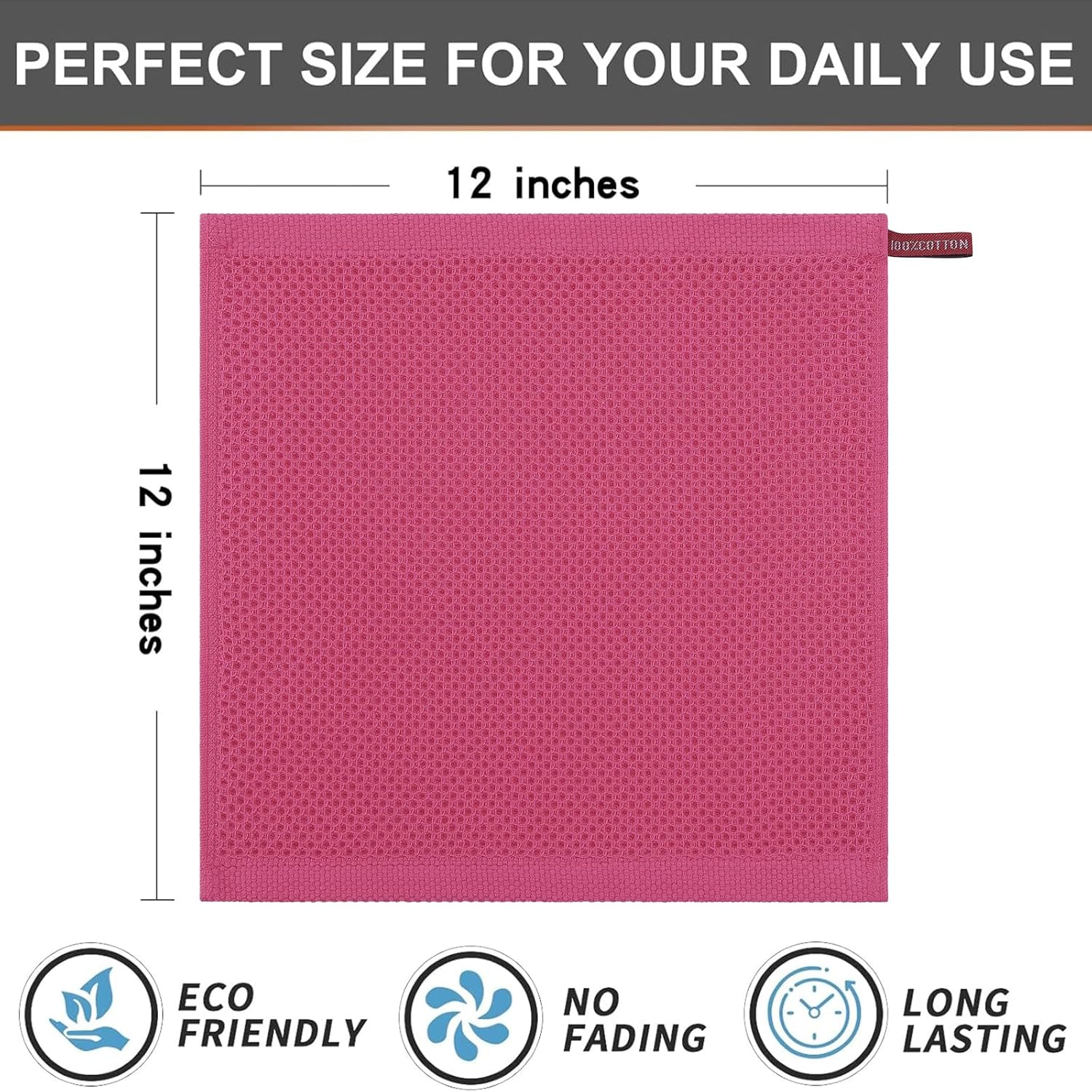 Kitinjoy 100% Cotton Kitchen Dish Cloths, 8 Pack Waffle Weave Ultra Soft Absorbent Dish Towels for Drying Dishes Quick Drying Kitchen Towels Dish Rags, 12 X 12 Inches, Hot Pink