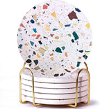 Terrazzo Drink Absorbent Coasters with Holder Set of 6, Ceramic Coaster for Drinks, Coffee Table Decor, Water Absorbing Stone Coaster for Drinks (Mosaic)