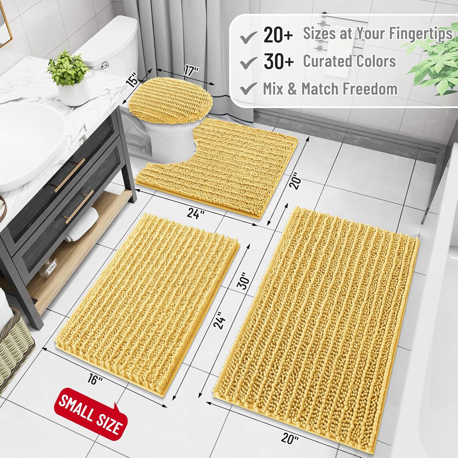 Arotive Luxury Chenille Bathroom Rug Mat, Extra Soft Thick Absorbent Shaggy Bath Rugs, Non-Slip Machine Wash Dry, Plush Bath Mats for Bathroom, Shower and Tub, 47x32, Yellow
